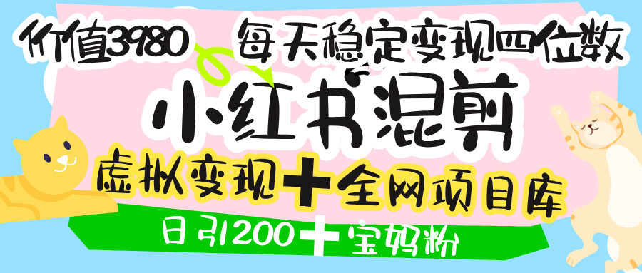 价值3980的小红书混剪， 虚拟变现 ＋全网项目库 ， 日引200+宝妈创业粉，每天稳定四位数变现-金点子优创