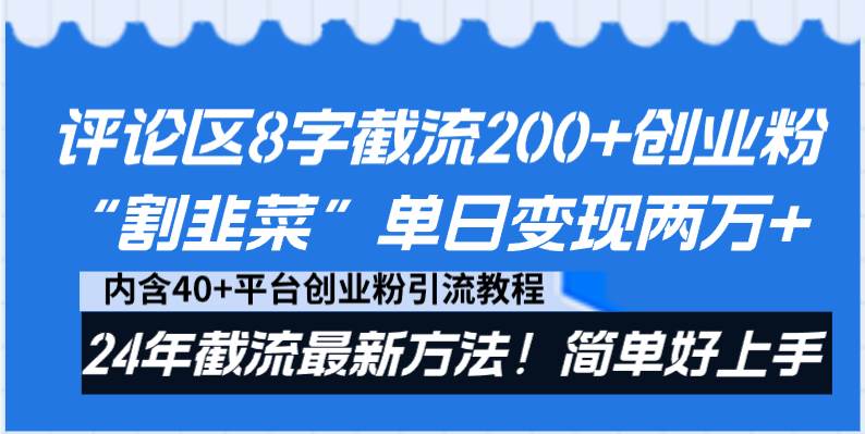 评论区8字截流200+创业粉“割韭菜”单日变现两万+24年截流最新方法！-金点子优创