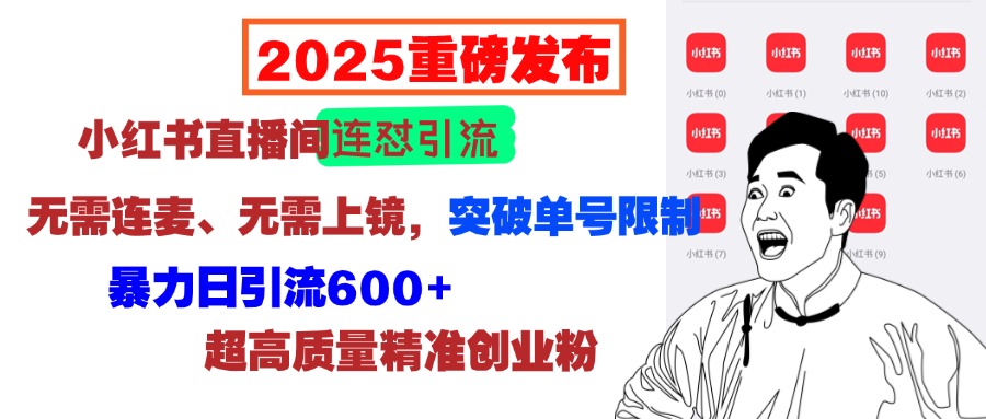 2025重磅发布：小红书直播间连怼引流，无需连麦、无需上镜，突破单号限制，暴力日引流600+超高质量精准创业粉-金点子优创