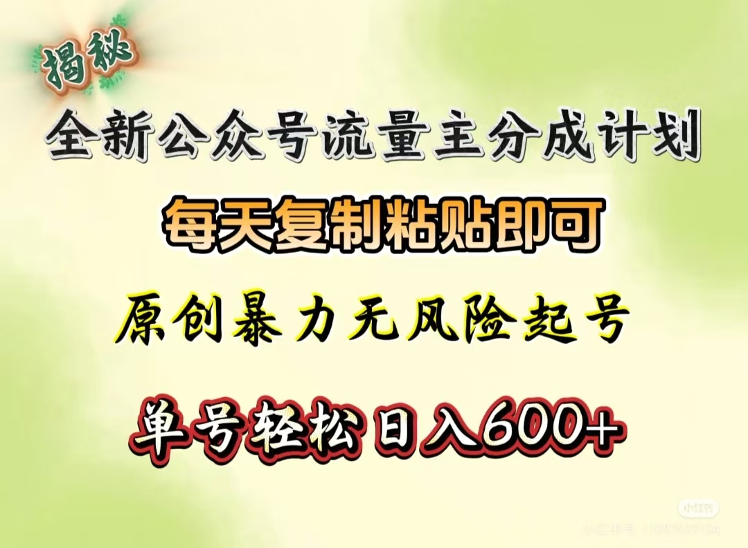 全新公众号流量主分成计划，每天复制粘贴即可，原创暴力起号无风险，单号轻松日入600+（揭秘）-金点子优创