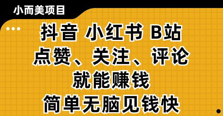 小而美的项目，抖音、小红书、B站视频点赞、关注、评论就能赚钱，简单无脑立见收益！妥妥的零撸项目-金点子优创
