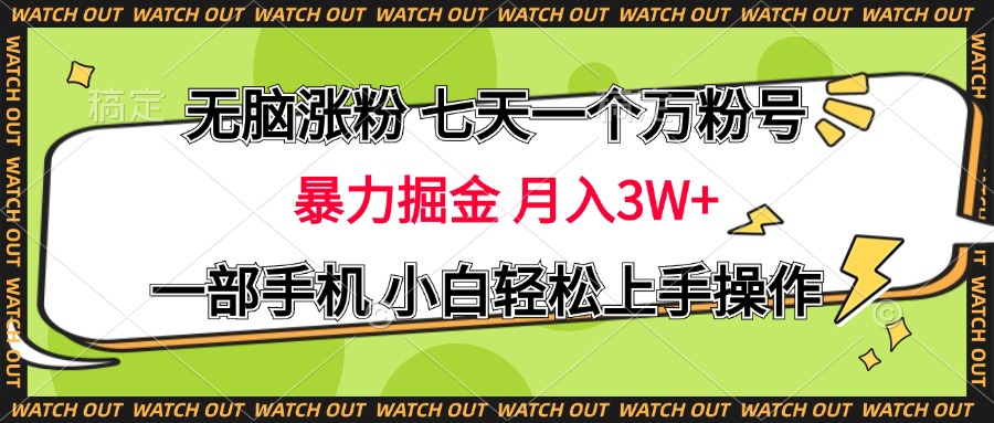 无脑涨粉 七天一个万粉号 暴力掘金 月入三万+，一部手机小白轻松上手操作-金点子优创