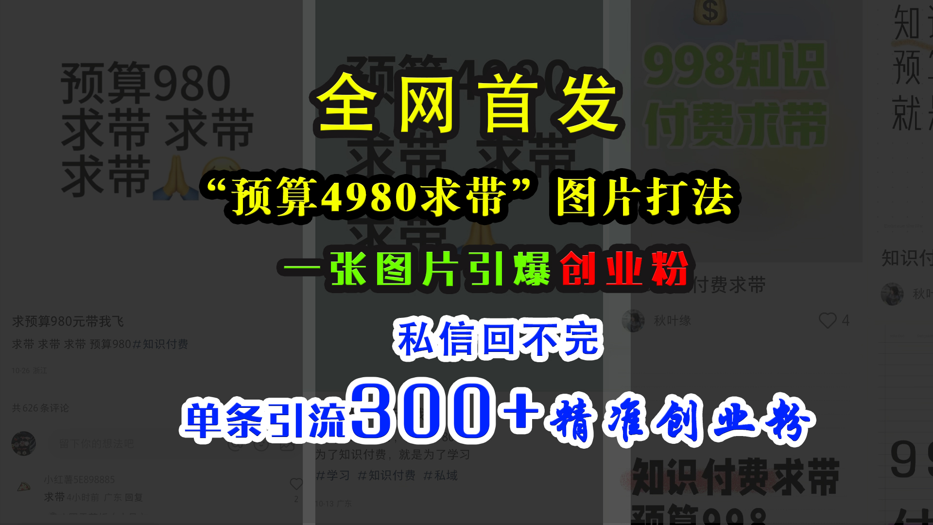 小红书“预算4980带我飞”图片打法，一张图片引爆创业粉，私信回不完，单条引流300+精准创业粉-金点子优创