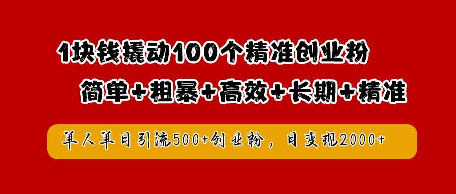 1块钱撬动100个精准创业粉，简单粗暴高效长期精准，单人单日引流500+创业粉，日变现2000+-金点子优创