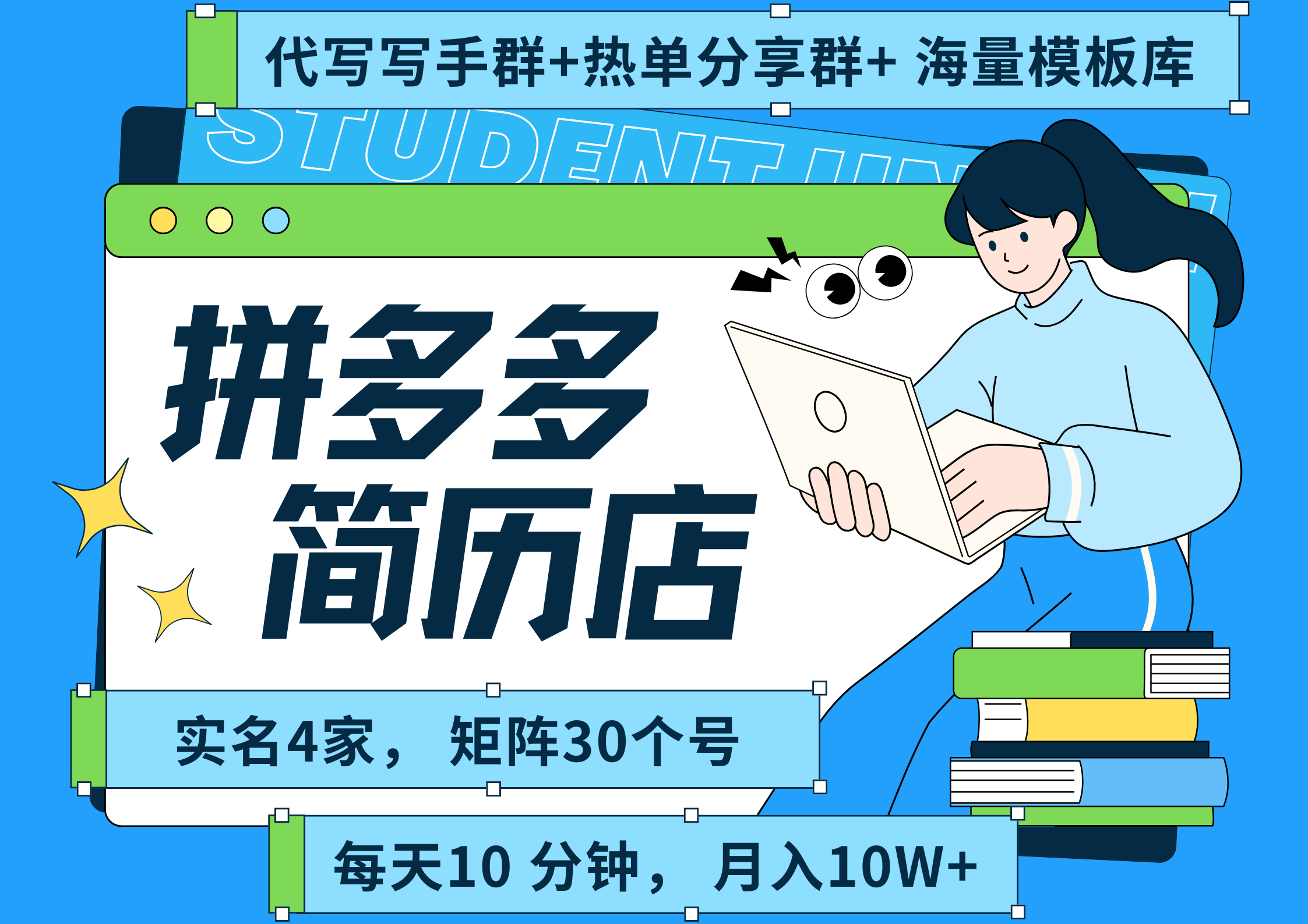 拼多多 虚拟资料 简历 海报代写 全SOP流程 毫无保留分享（含后端资料以及代写渠道）每天十分钟 每人实名四个店  矩阵30个账号  轻轻松松 月入10W-金点子优创