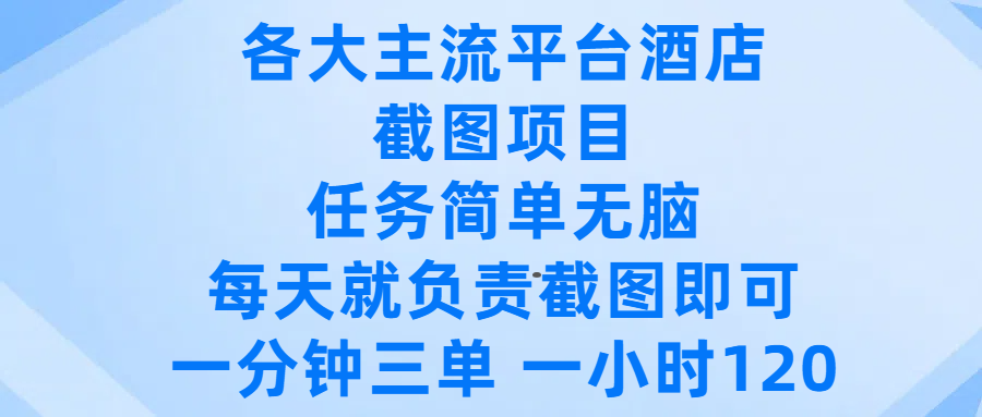 各大主流平台酒店截图项目,任务简单无脑,每天就负责截图即可,一分钟三单 ,一小时可以做120-金点子优创