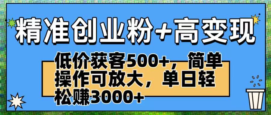 精准创业粉+高变现：低价获客500+，简单操作可放大，单日轻松赚3000+-金点子优创